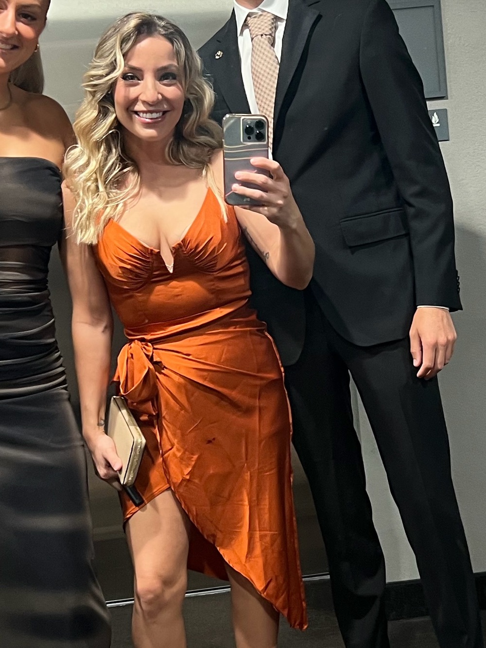 Women's Satin Wrap Dress in Copper Orange by